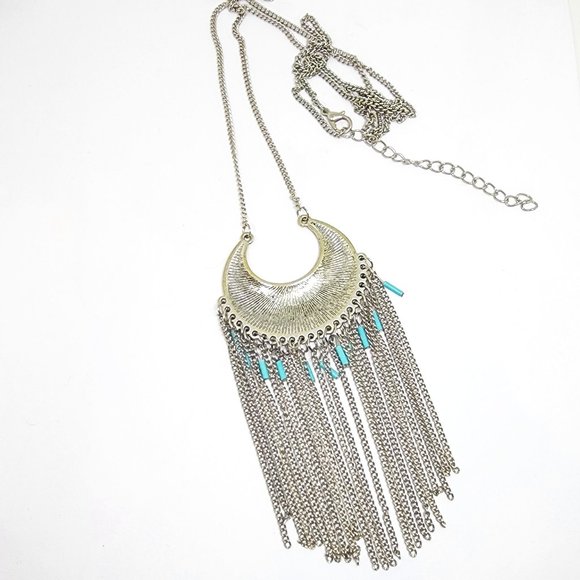 Southwest Tribal Modern Silver Long Fringe Turquoise Accent LONG 40" Necklace - Picture 6 of 7